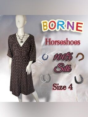 Borne women’s 100% Silk Horseshoe Print MIDI Dress side 4
